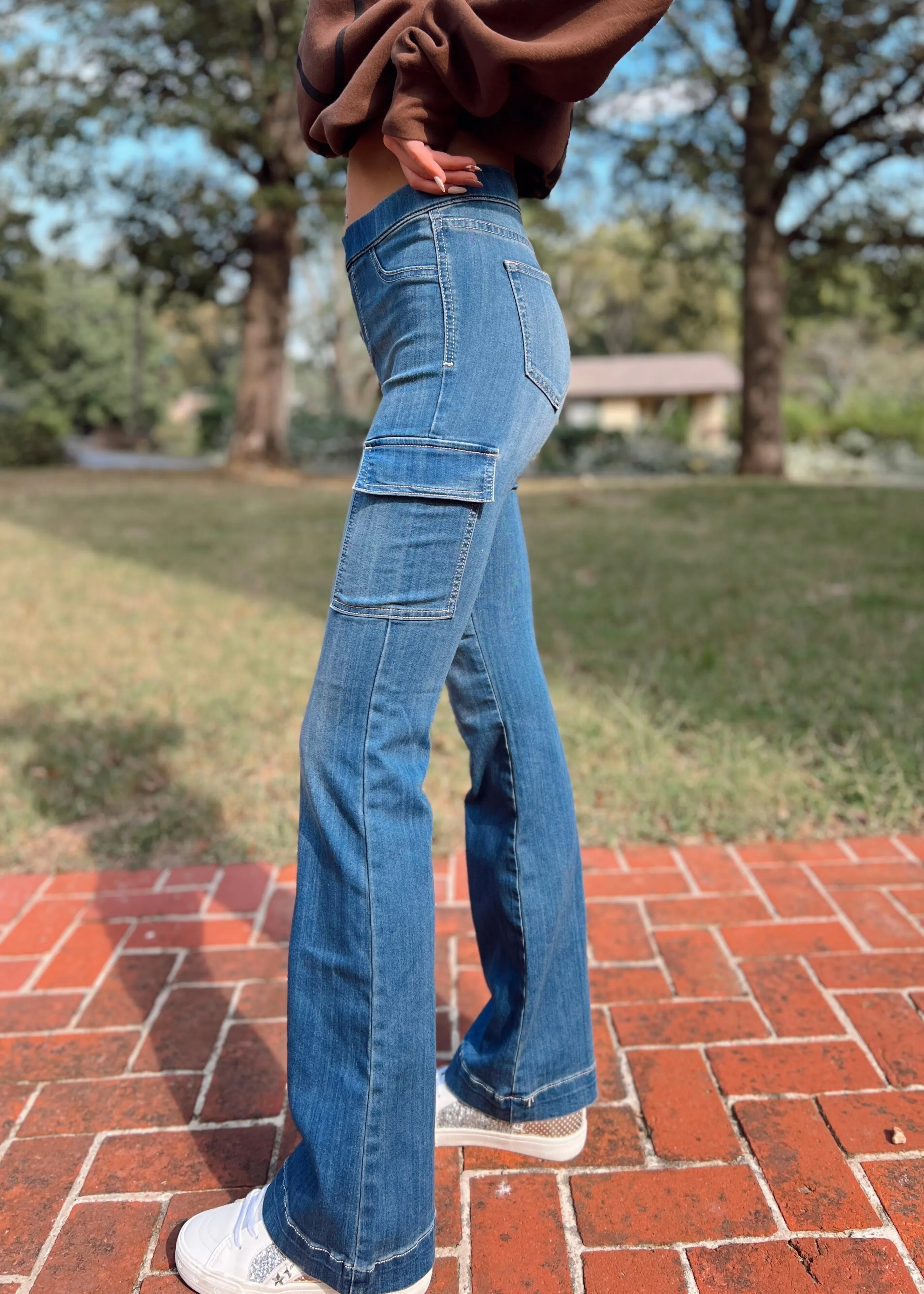 Mid Rise Flare Cargo Jeans