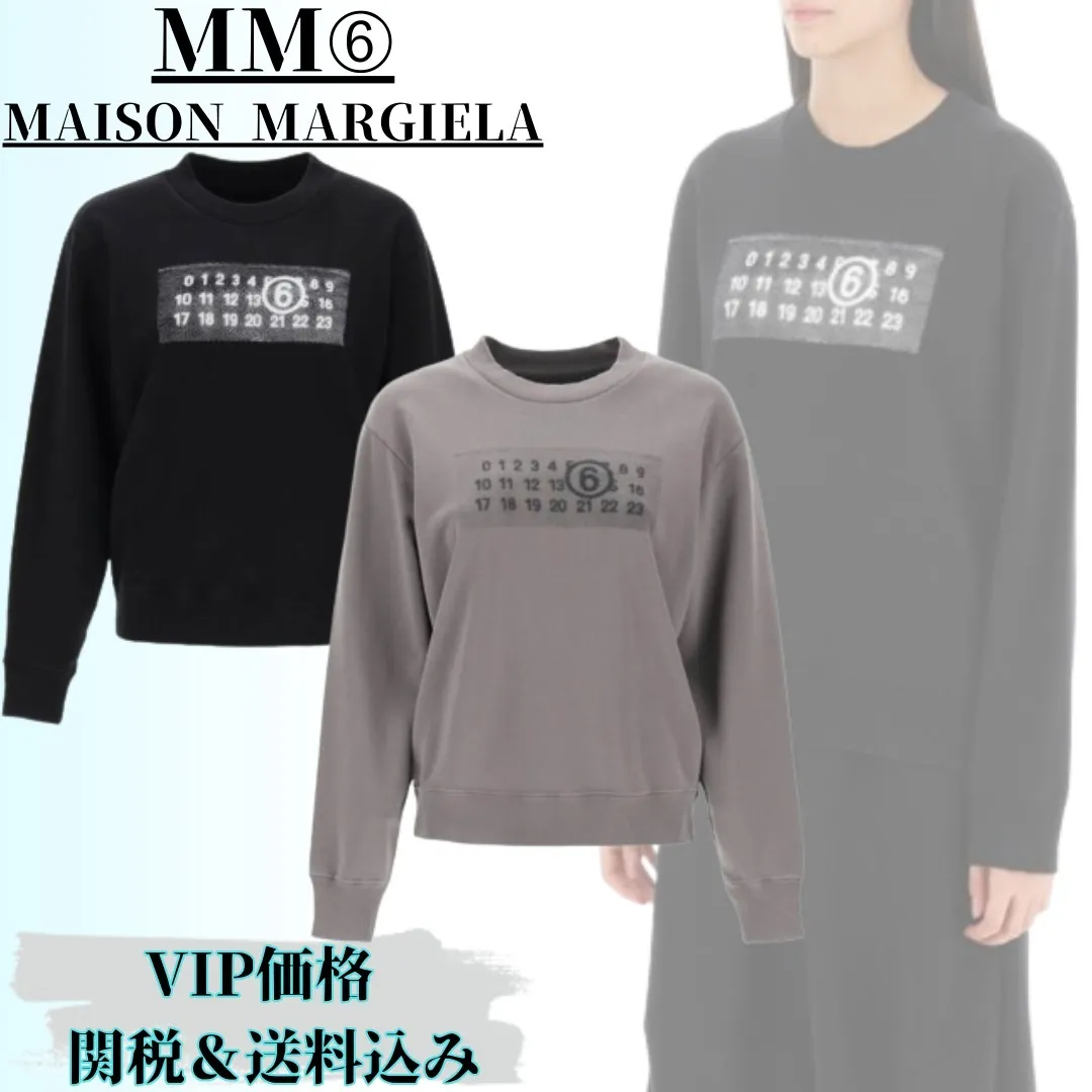 MM6 Maison Margiela  |Crew Neck Rib Long Sleeves Cotton Logo Hoodies & Sweatshirts