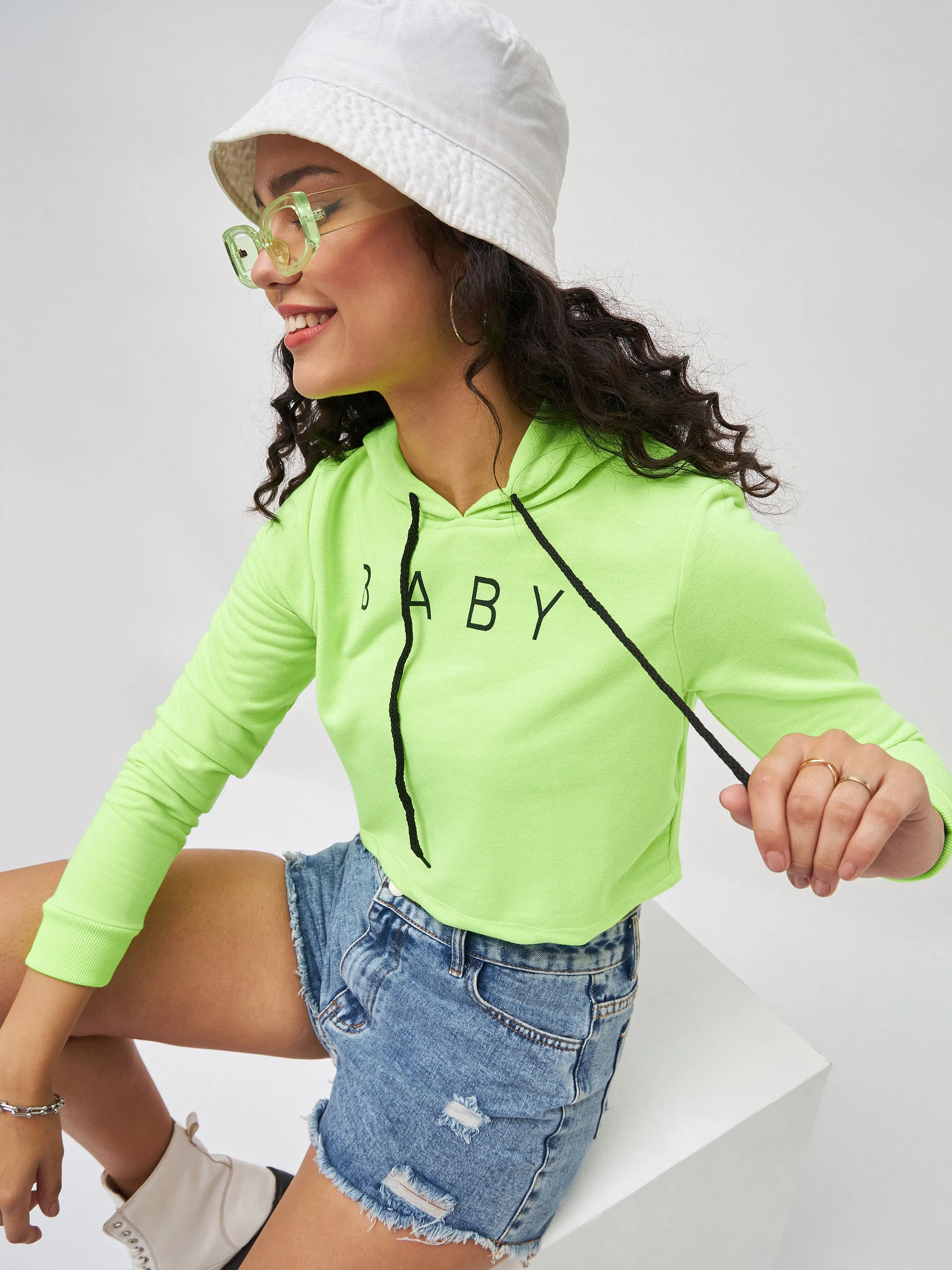 Neon Green Baby-Print Crop Boxy Hoodie