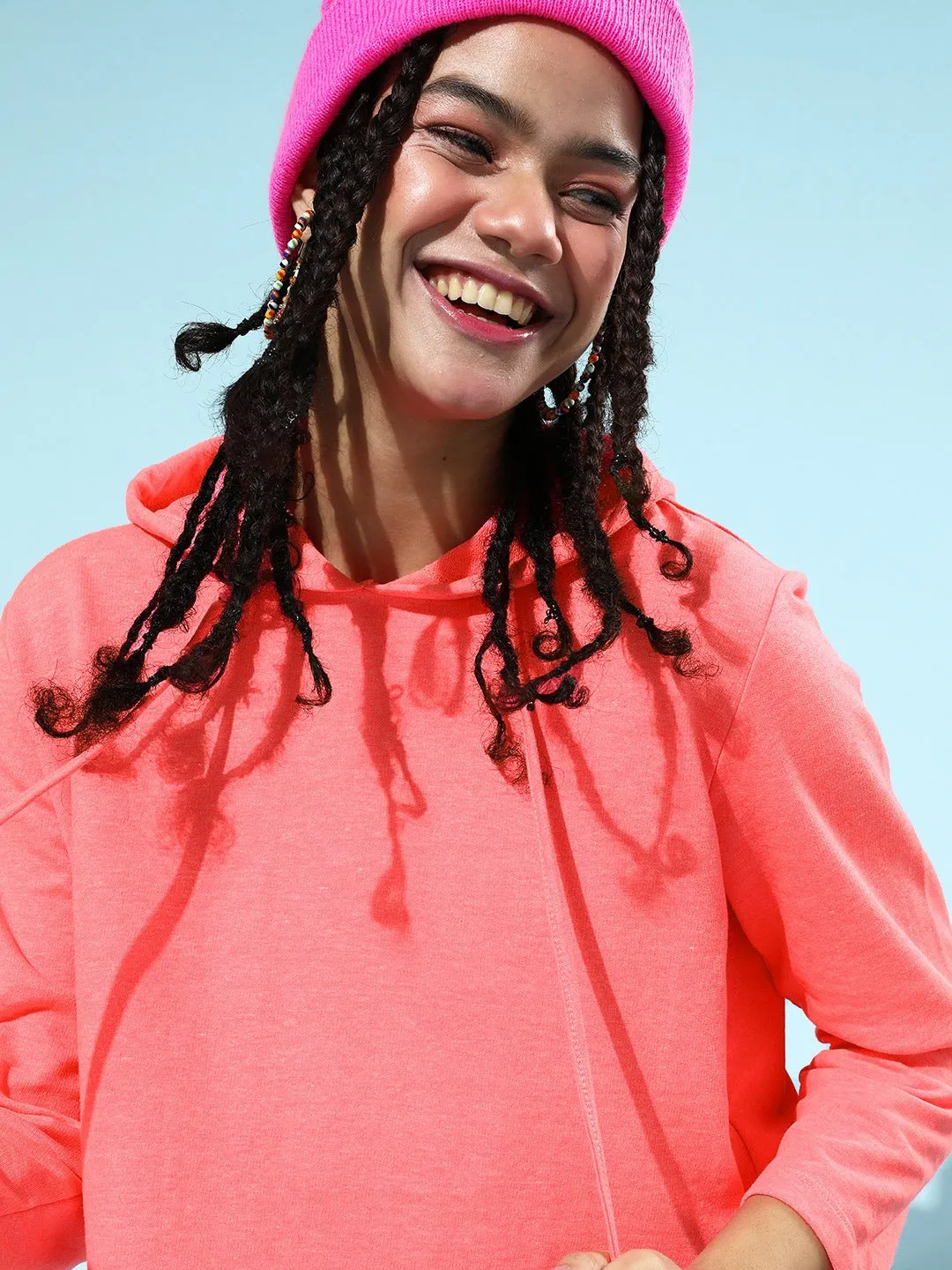 Neon Pink Drawstring Crop Hoodie