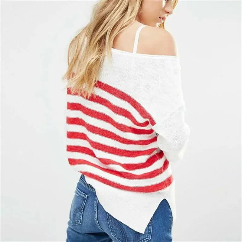 New Fashion Female Pullovers Knitted Long Sleeve O-neck Flag Print Winter Autumn Sweaters Hot  72156 SM6