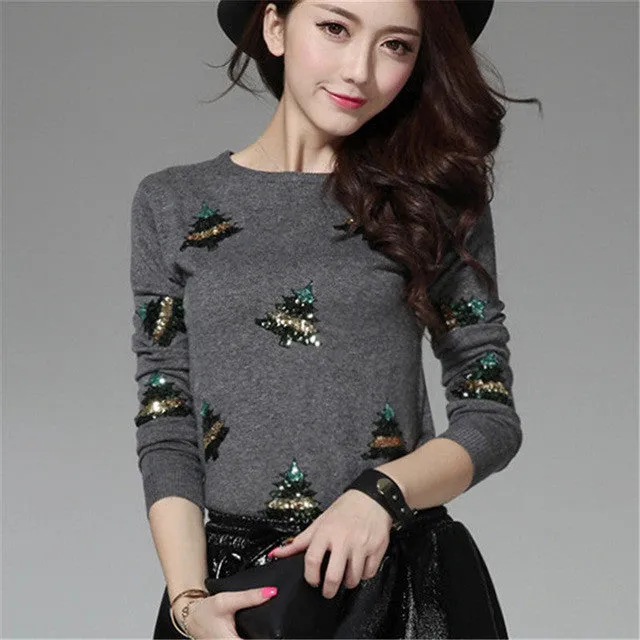 New Fashion Female Pullovers Knitted Long Sleeve O-neck Winter Autumn Sequin Bling Sweaters Hot  72042 SM6