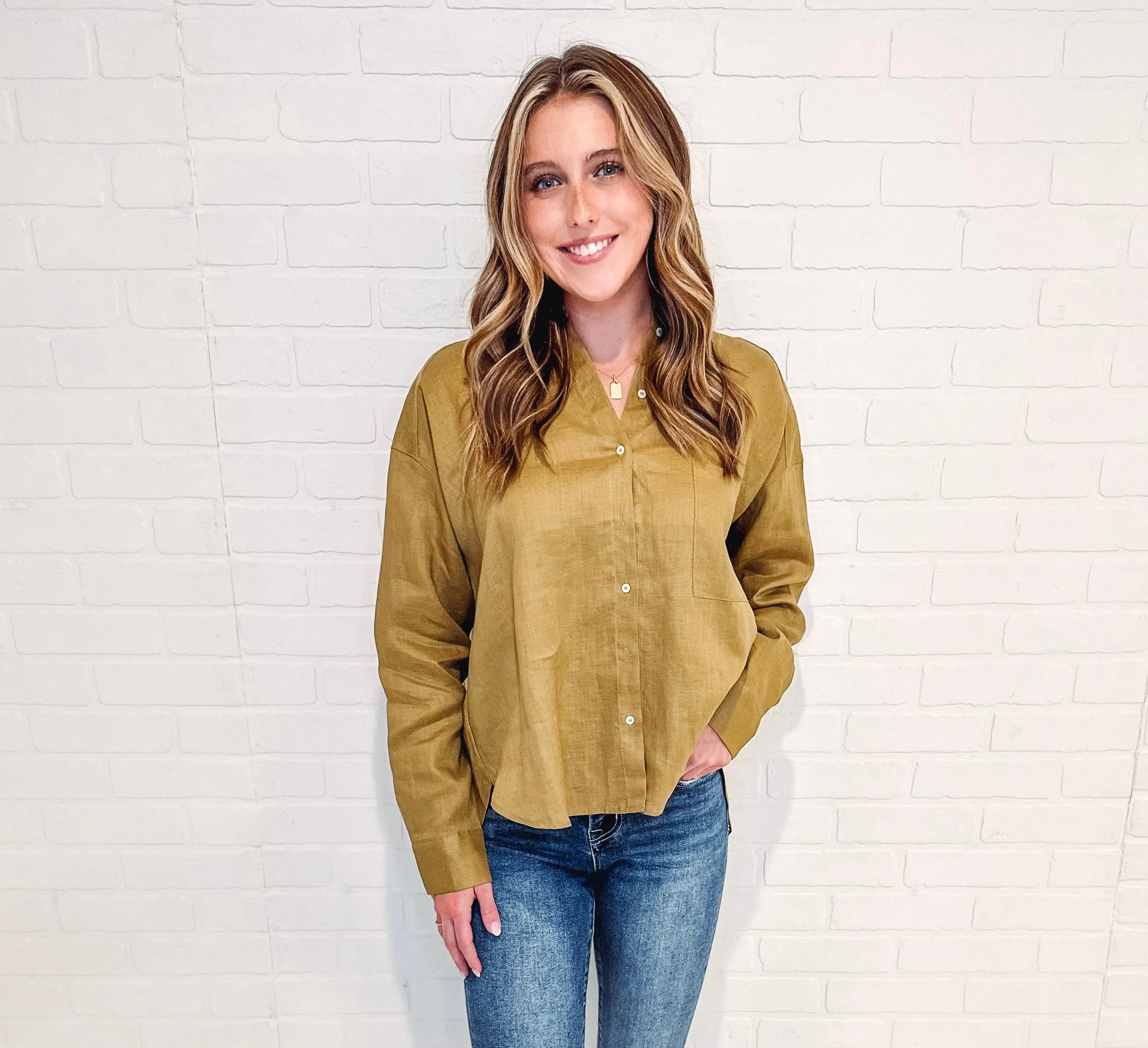 Olive You Oversized Linen Button Down Top