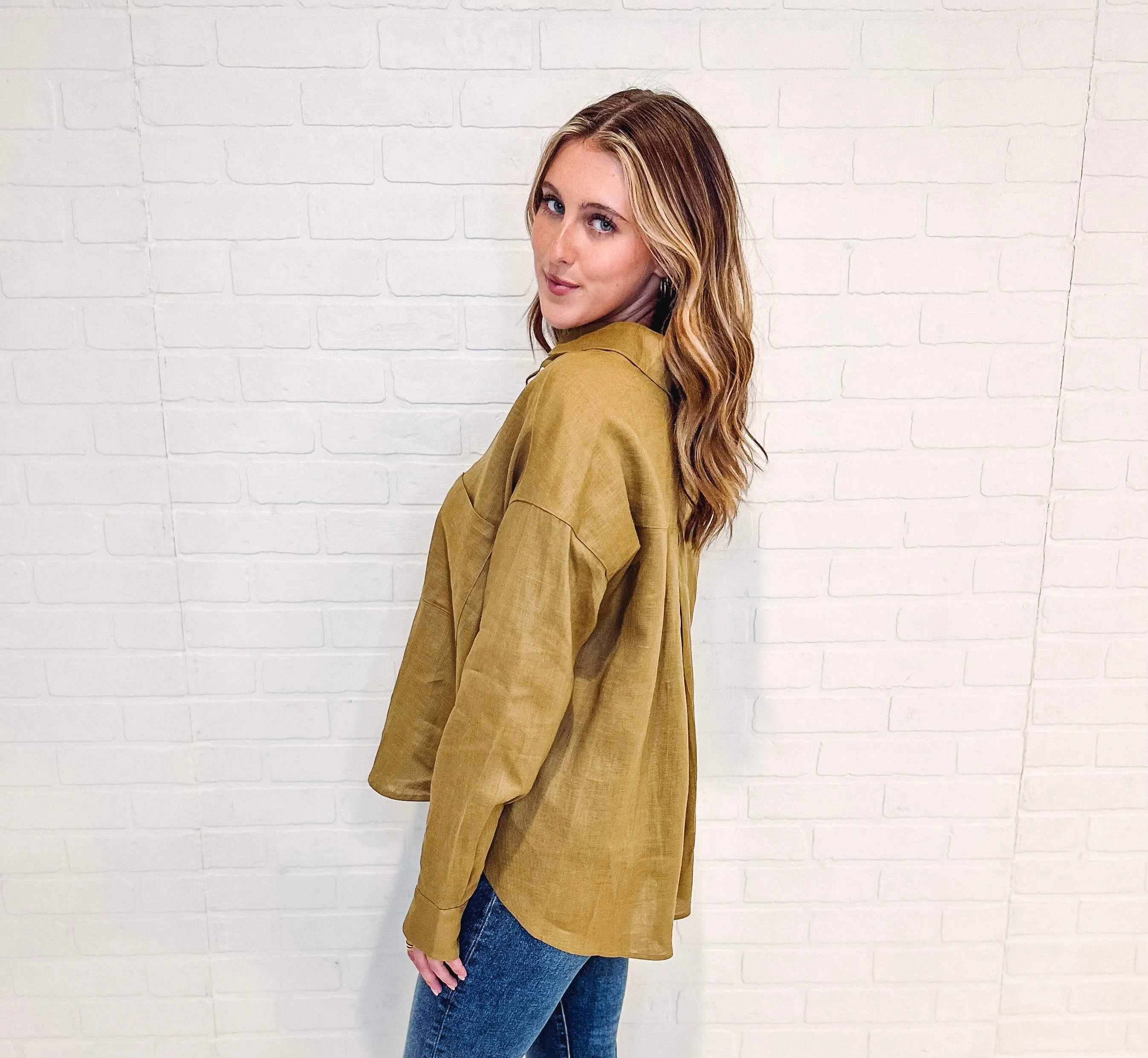 Olive You Oversized Linen Button Down Top