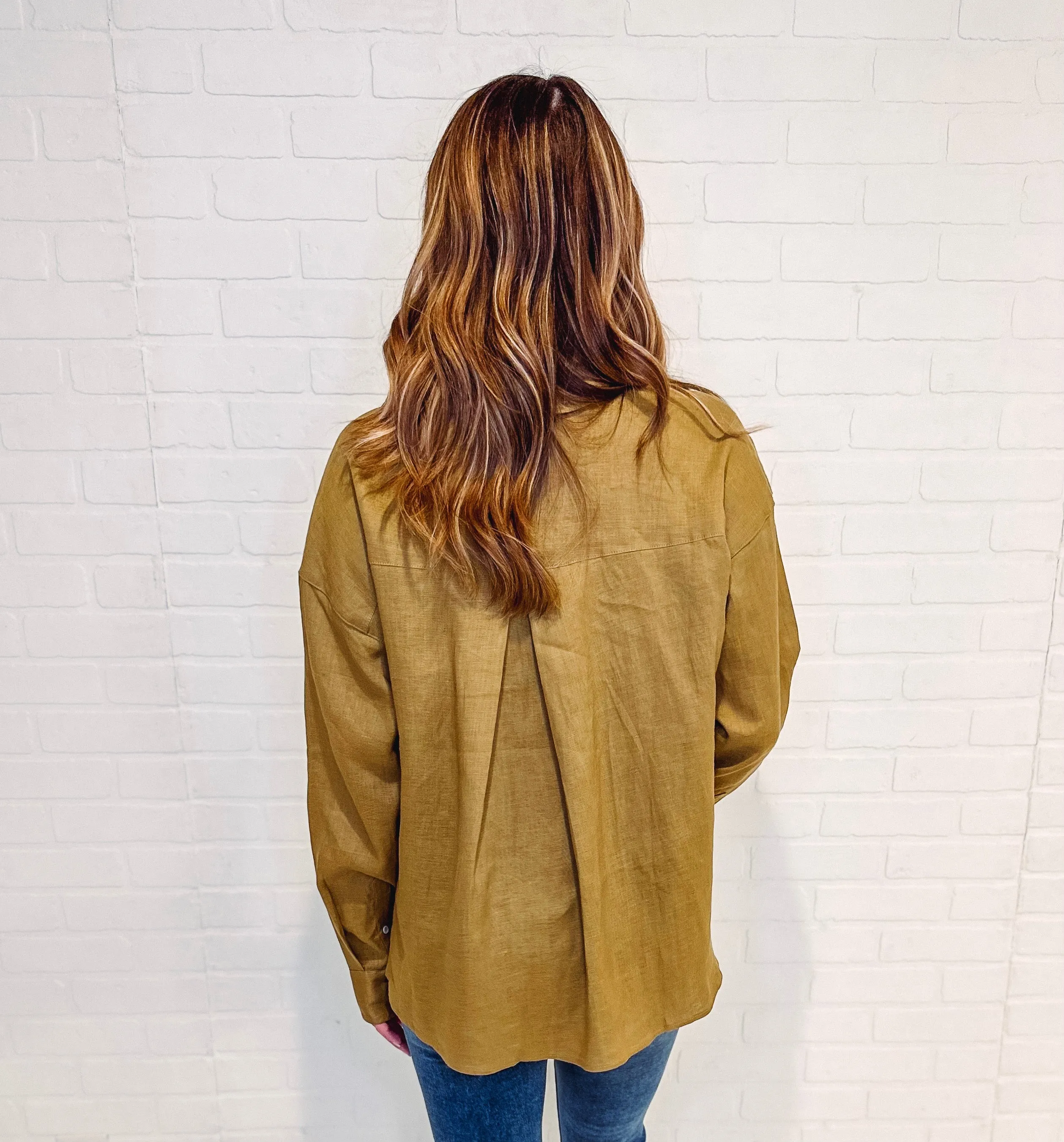 Olive You Oversized Linen Button Down Top