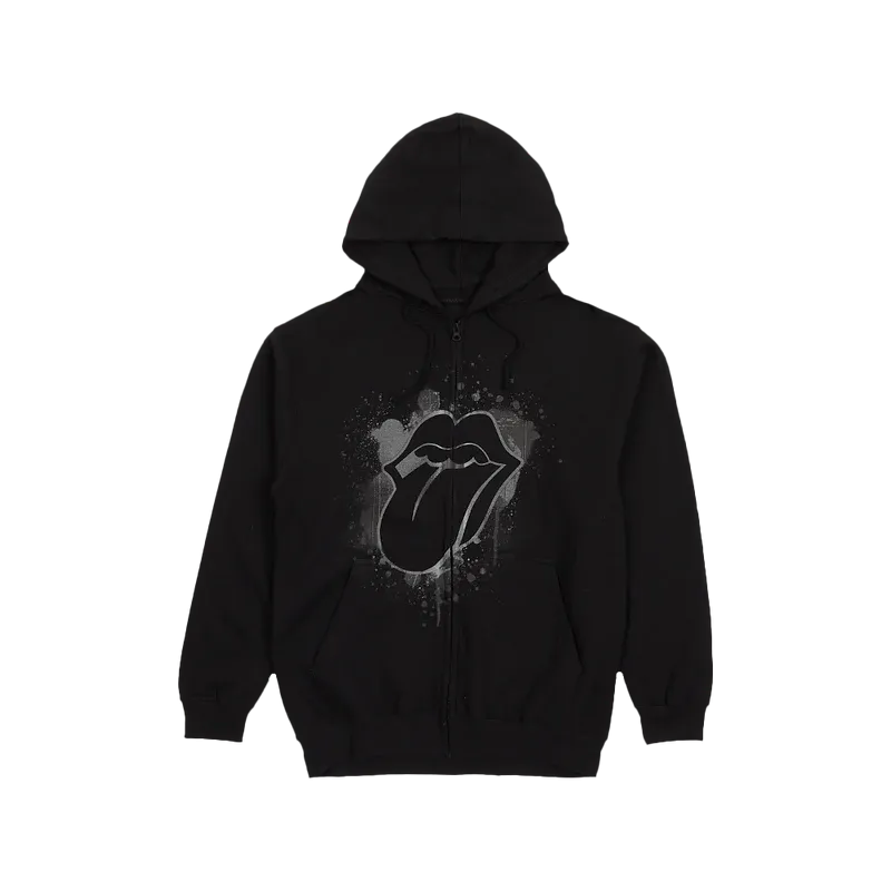 Paint It Black Reflective Tonal Splatter Tongue Print Zip Hoodie