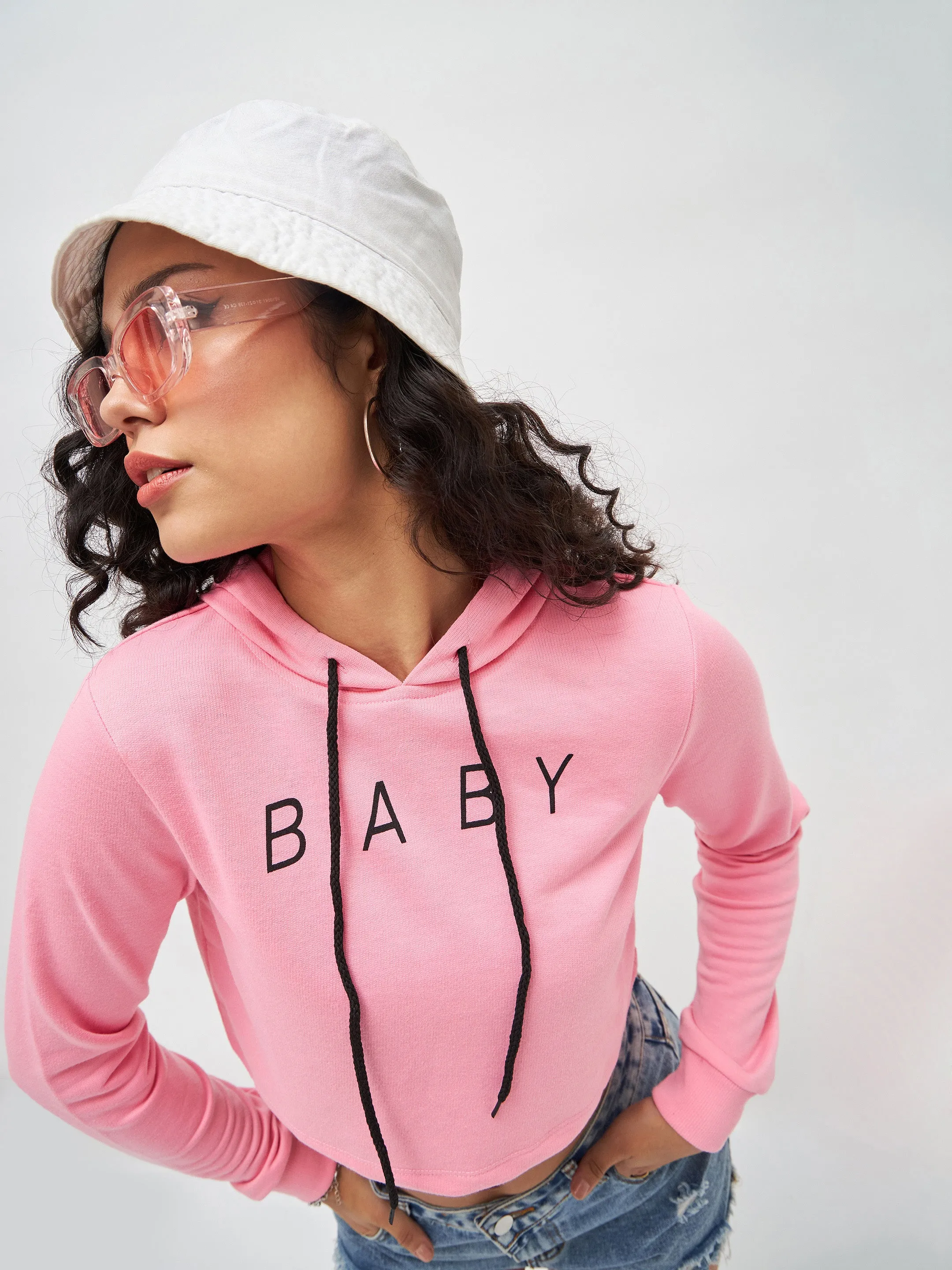 Pink Baby-Print Crop Boxy Hoodie