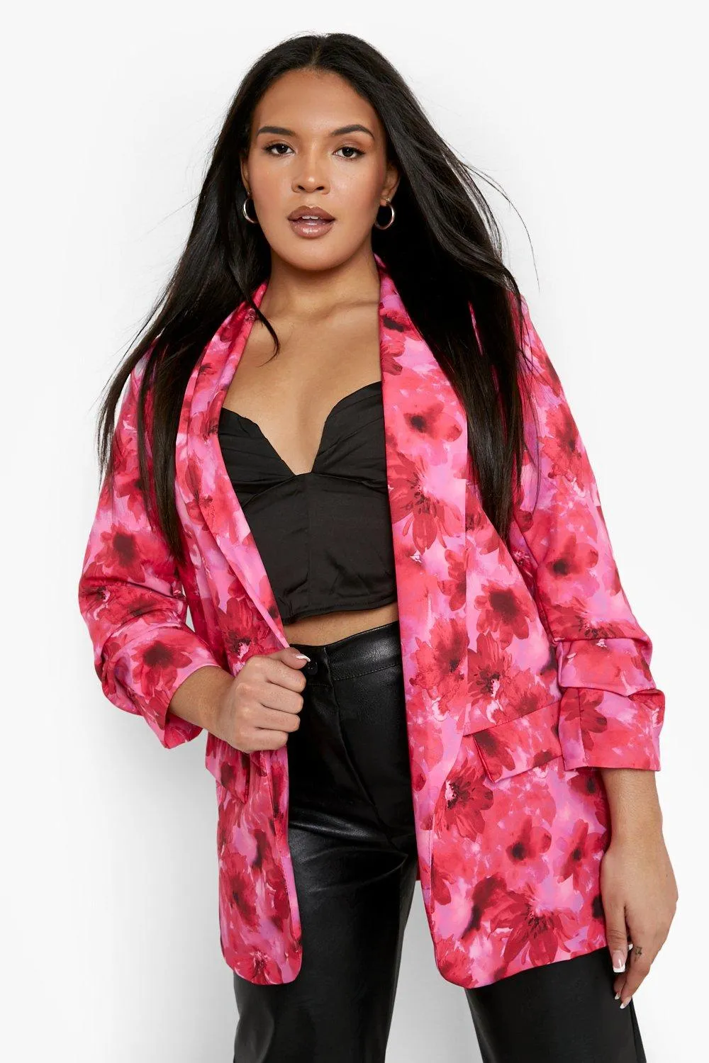 Plus Floral Ruched Sleeve Blazer