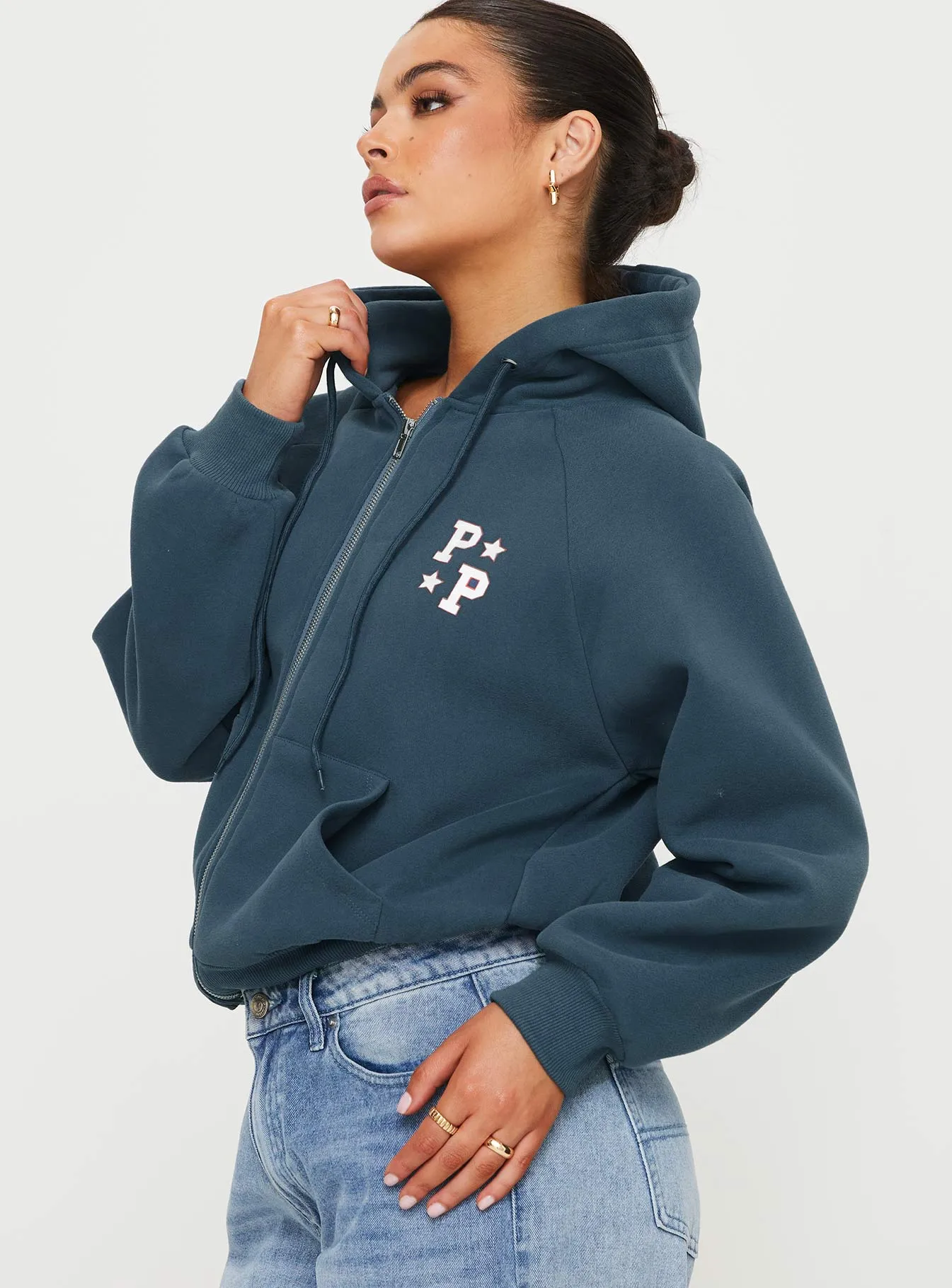 Princess Polly Zip Up Hooded Sweatshirt Navy/Red