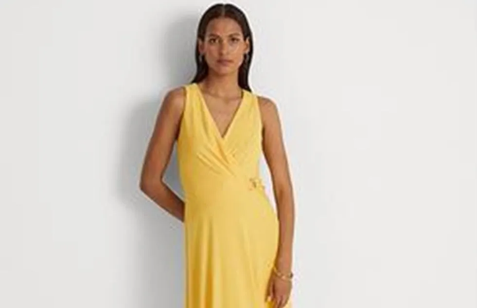 Ralph Lauren Women's Buckle Trim Jersey Halter Gown Yellow Size 12