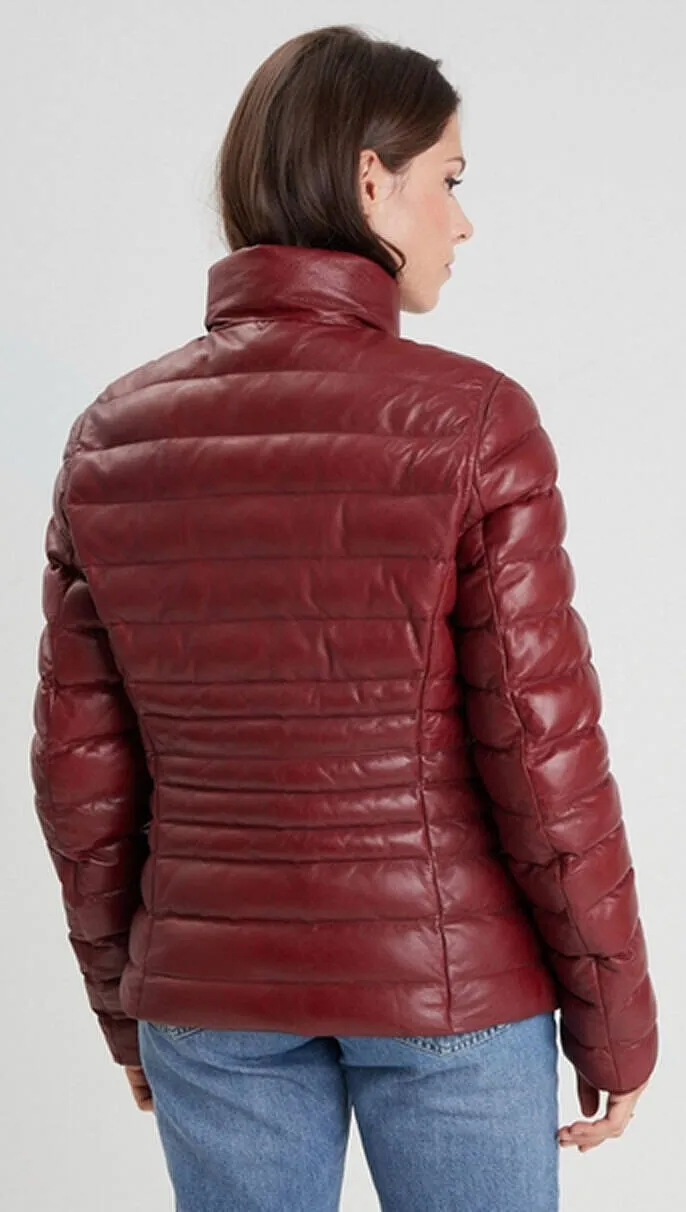 Red women's leather down jacket 102034