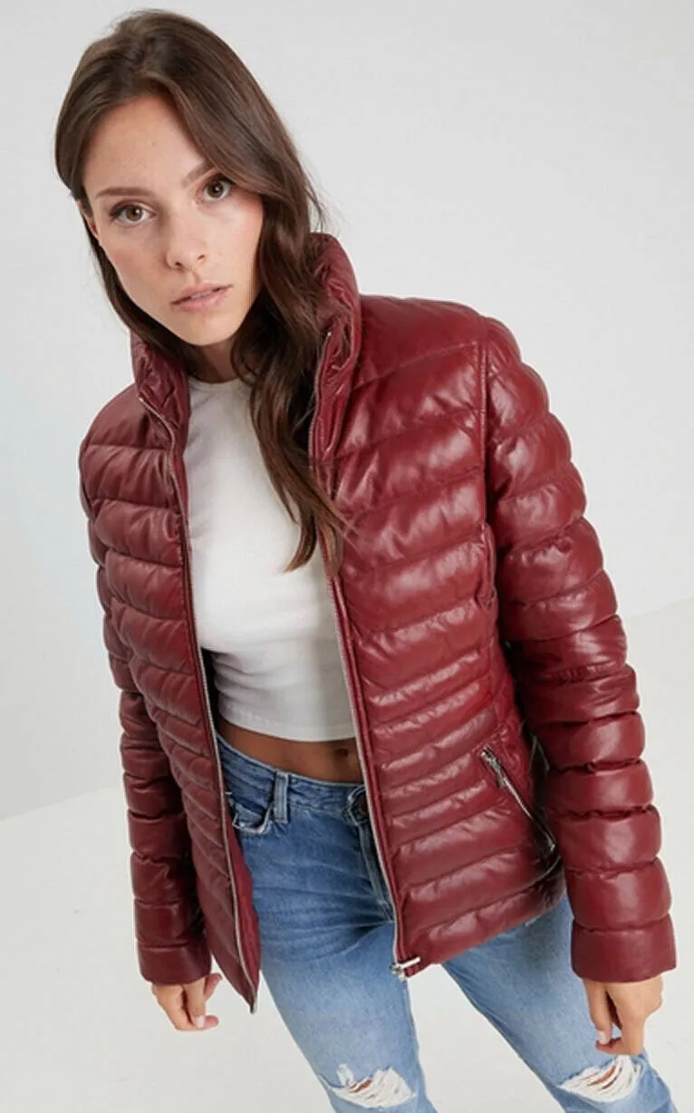 Red women's leather down jacket 102034