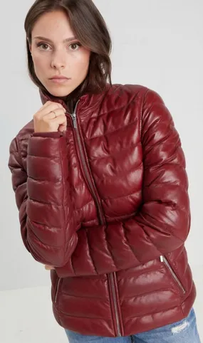 Red women's leather down jacket 102034