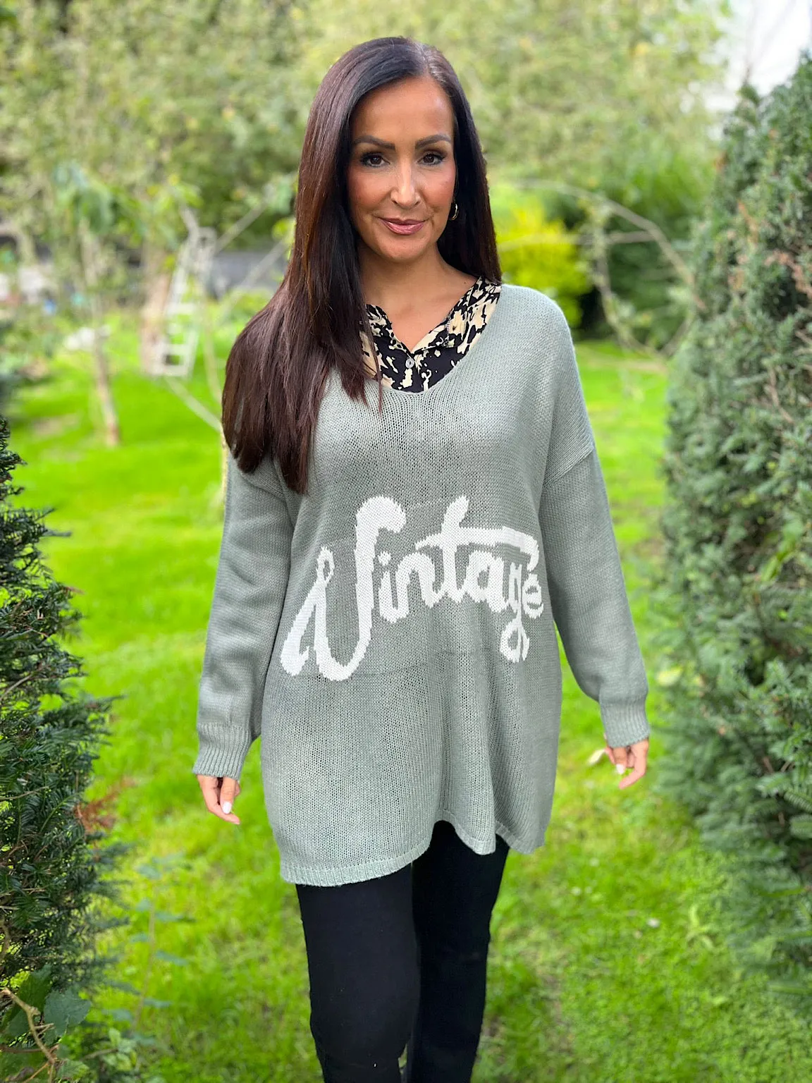 Sage Vintage V Neck Jumper Carol