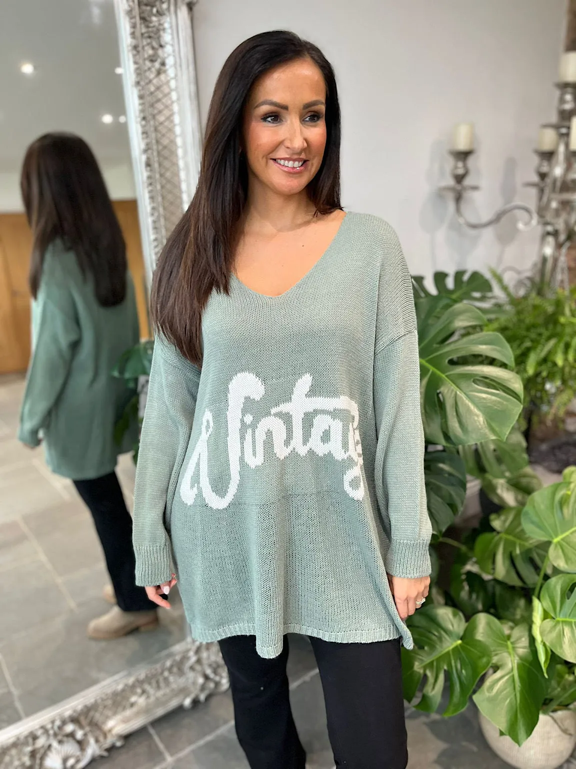 Sage Vintage V Neck Jumper Carol