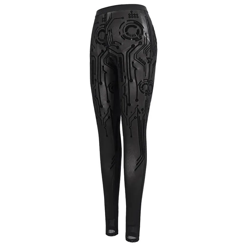 Sexy Women's Elastic Leggings in Cyberpunk style / Ladies Stretch See-through Black Mesh Leggings