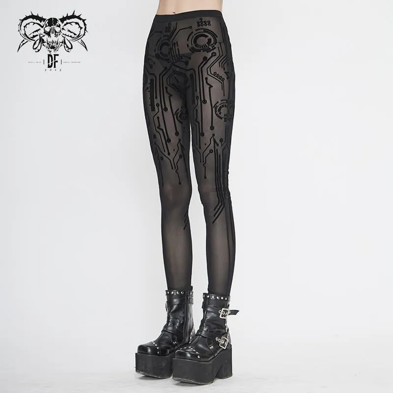 Sexy Women's Elastic Leggings in Cyberpunk style / Ladies Stretch See-through Black Mesh Leggings