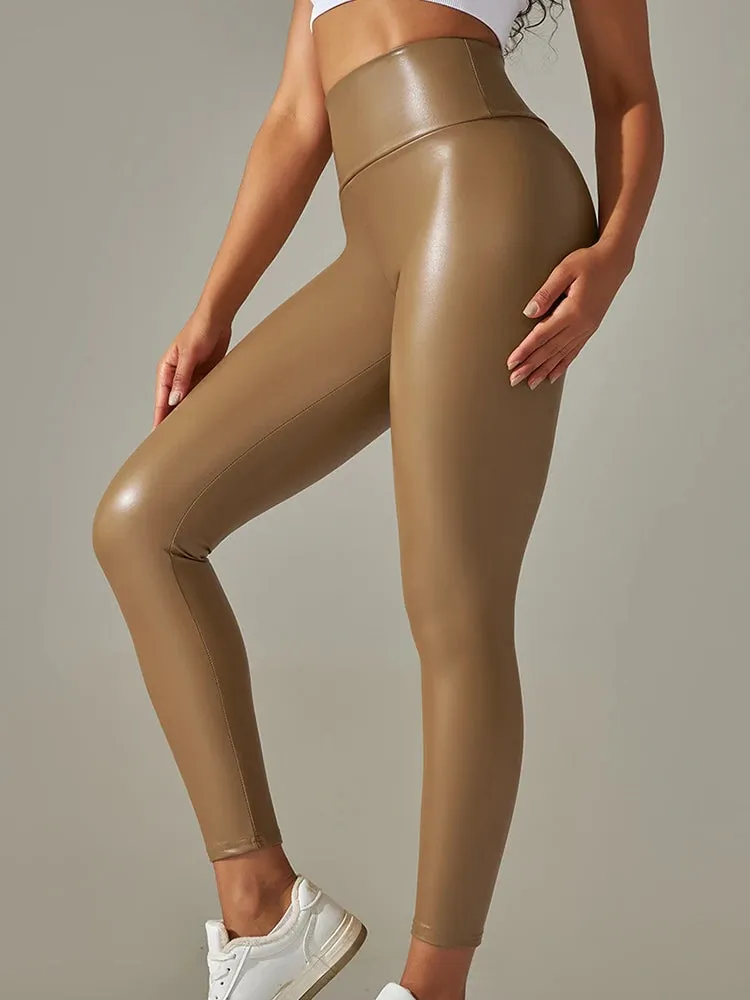 Shiny Faux Leather Leggings Women Stretch High Waist Casual