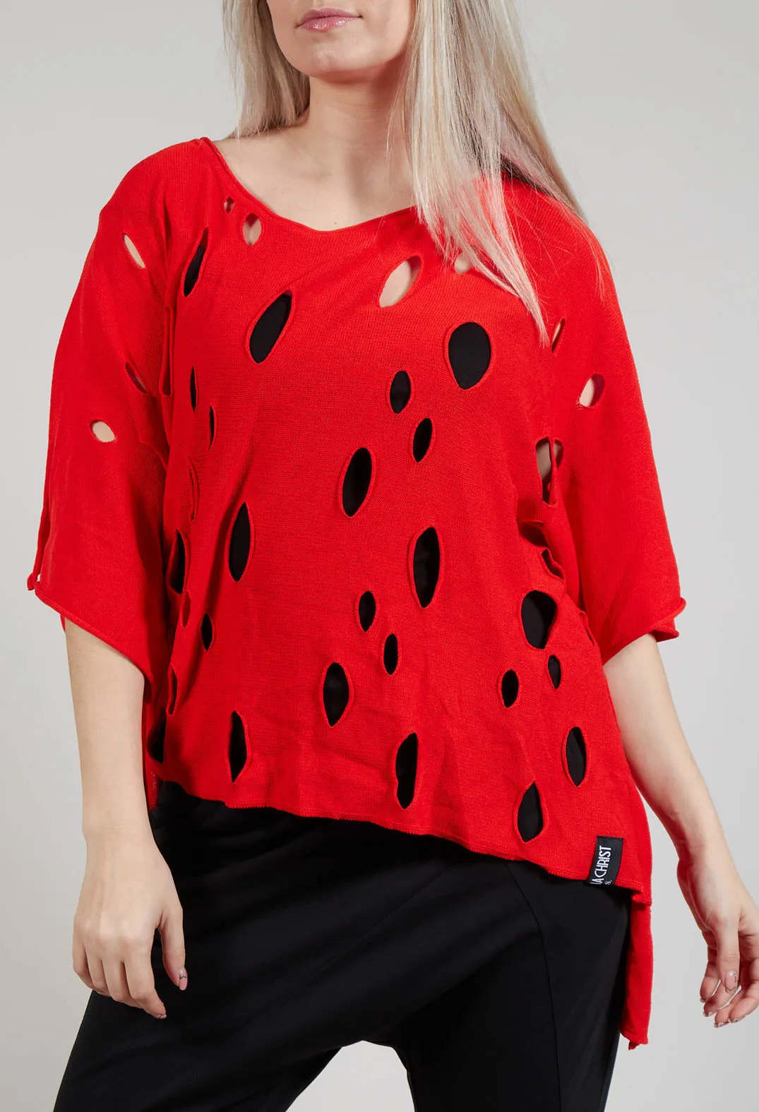 Short Sleeved Jumper with Hole Detail in Red