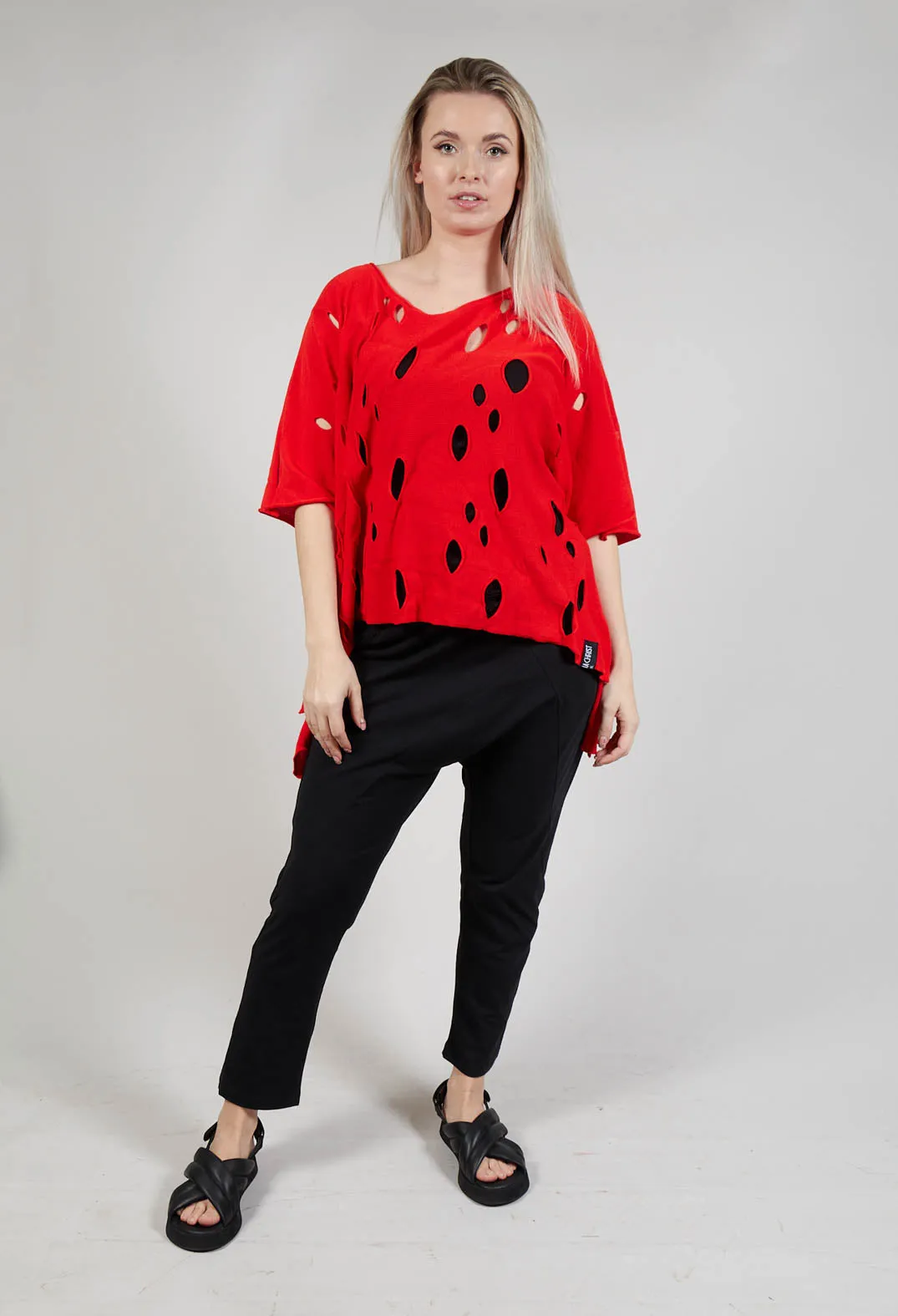 Short Sleeved Jumper with Hole Detail in Red