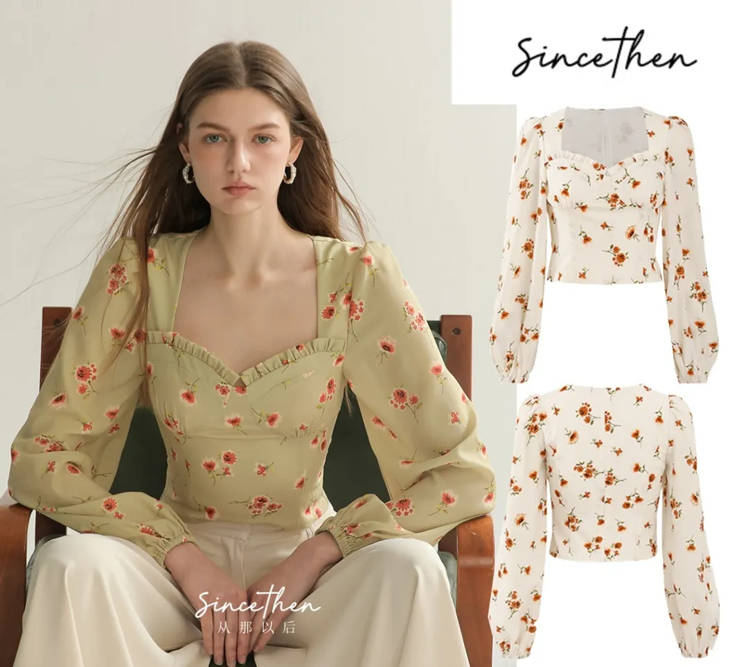 Since Then  |Flower Patterns Long Sleeves Puff Sleeves Shirts & Blouses