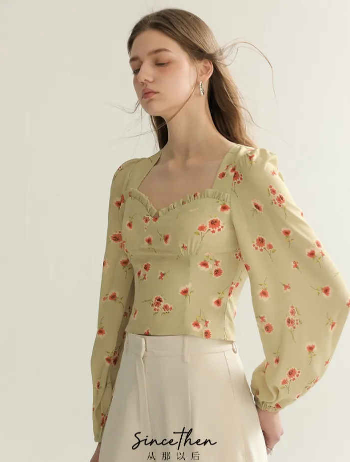 Since Then  |Flower Patterns Long Sleeves Puff Sleeves Shirts & Blouses