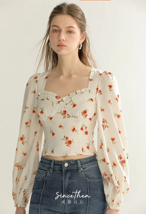 Since Then  |Flower Patterns Long Sleeves Puff Sleeves Shirts & Blouses