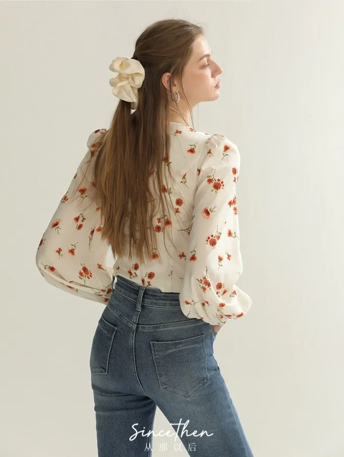 Since Then  |Flower Patterns Long Sleeves Puff Sleeves Shirts & Blouses