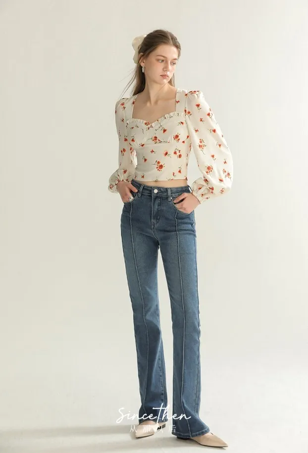 Since Then  |Flower Patterns Long Sleeves Puff Sleeves Shirts & Blouses