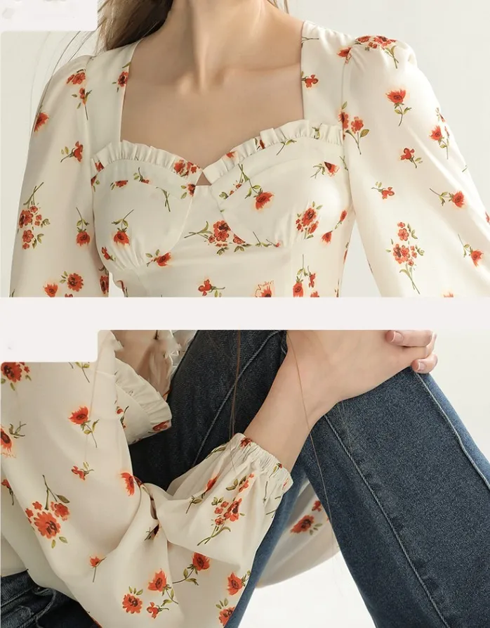 Since Then  |Flower Patterns Long Sleeves Puff Sleeves Shirts & Blouses