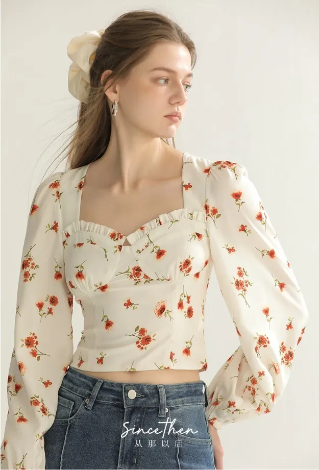 Since Then  |Flower Patterns Long Sleeves Puff Sleeves Shirts & Blouses