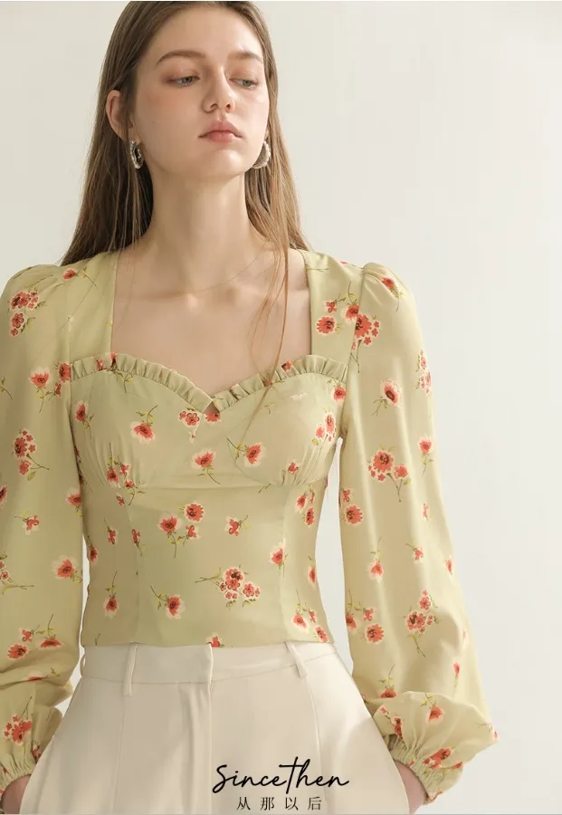 Since Then  |Flower Patterns Long Sleeves Puff Sleeves Shirts & Blouses