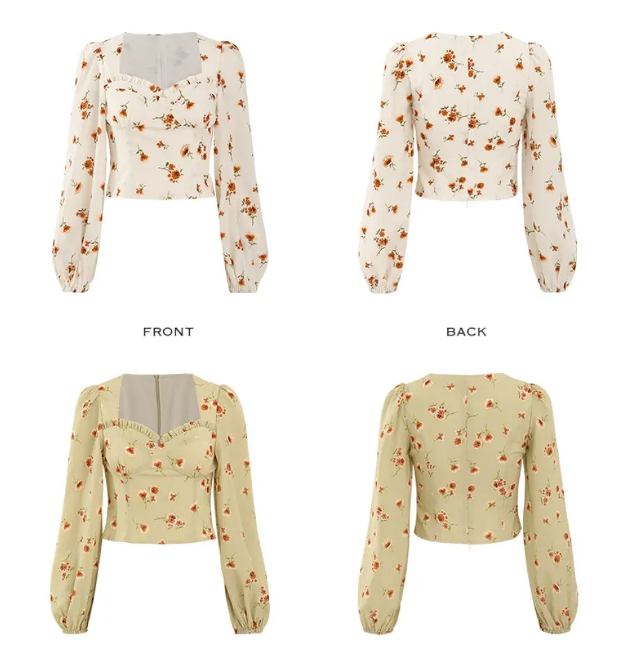 Since Then  |Flower Patterns Long Sleeves Puff Sleeves Shirts & Blouses