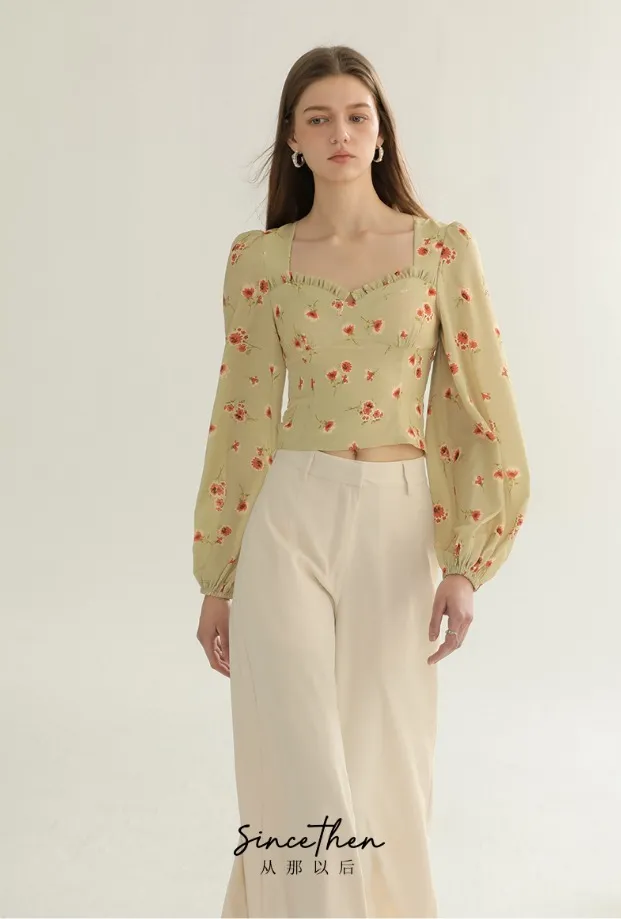 Since Then  |Flower Patterns Long Sleeves Puff Sleeves Shirts & Blouses