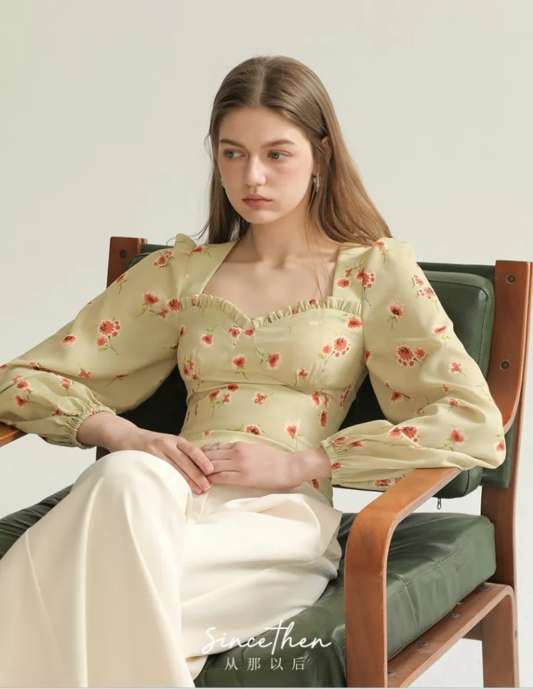 Since Then  |Flower Patterns Long Sleeves Puff Sleeves Shirts & Blouses