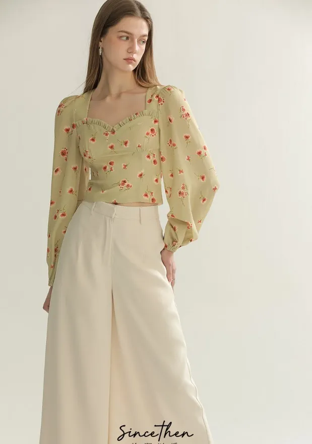 Since Then  |Flower Patterns Long Sleeves Puff Sleeves Shirts & Blouses