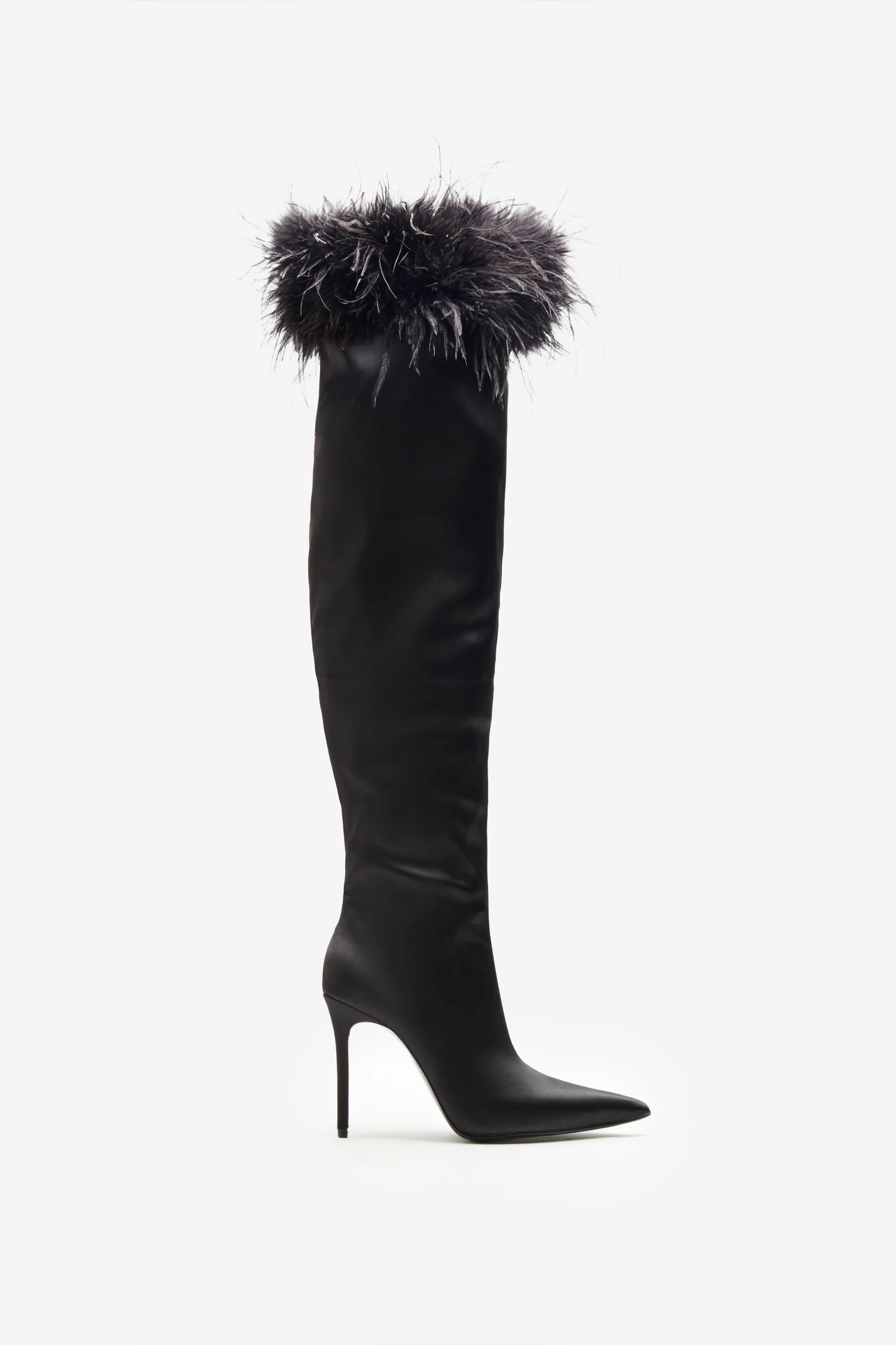 Soho | Black Satin Pointed Heeled Boots With Feather Trims