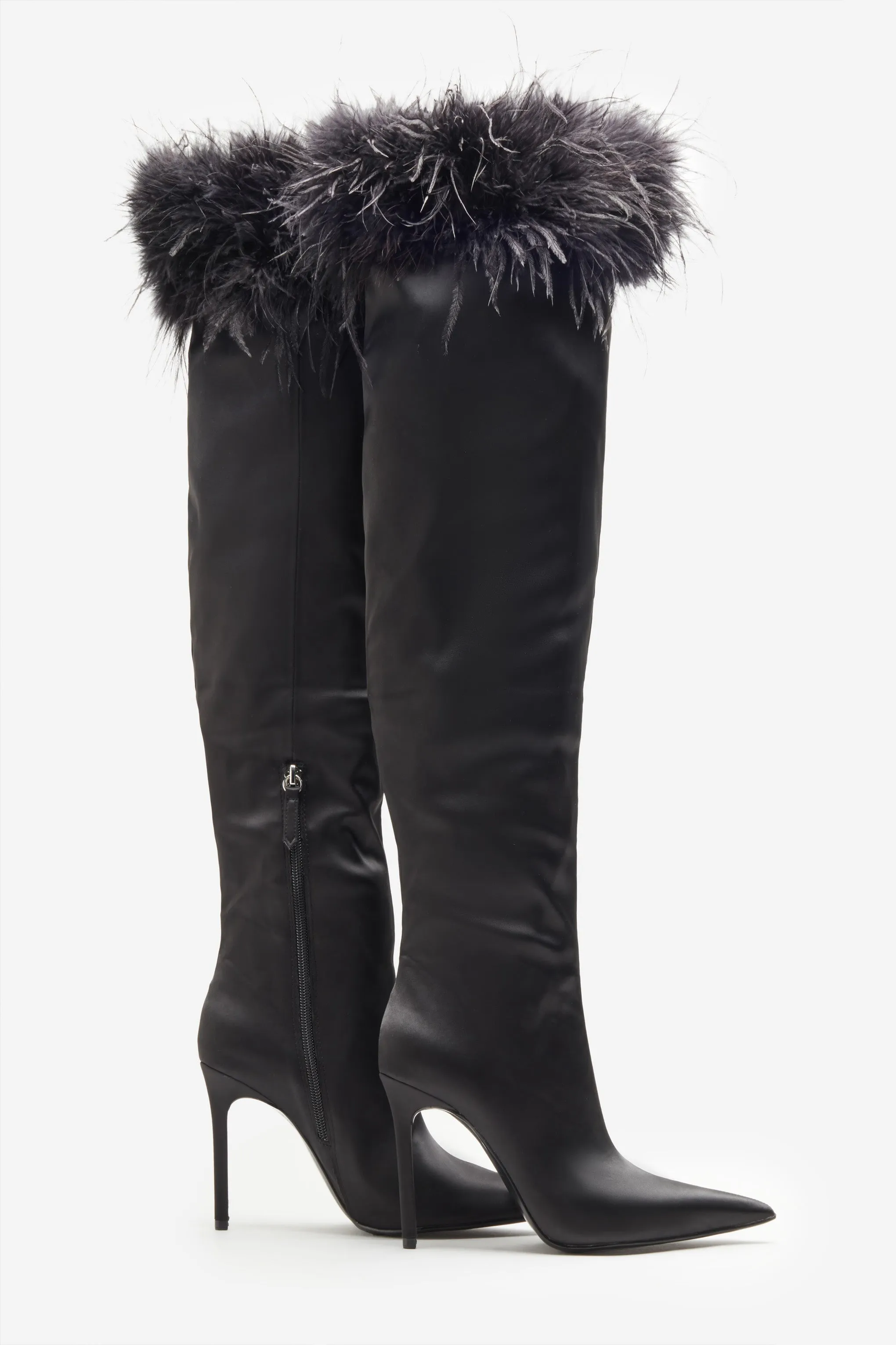 Soho | Black Satin Pointed Heeled Boots With Feather Trims