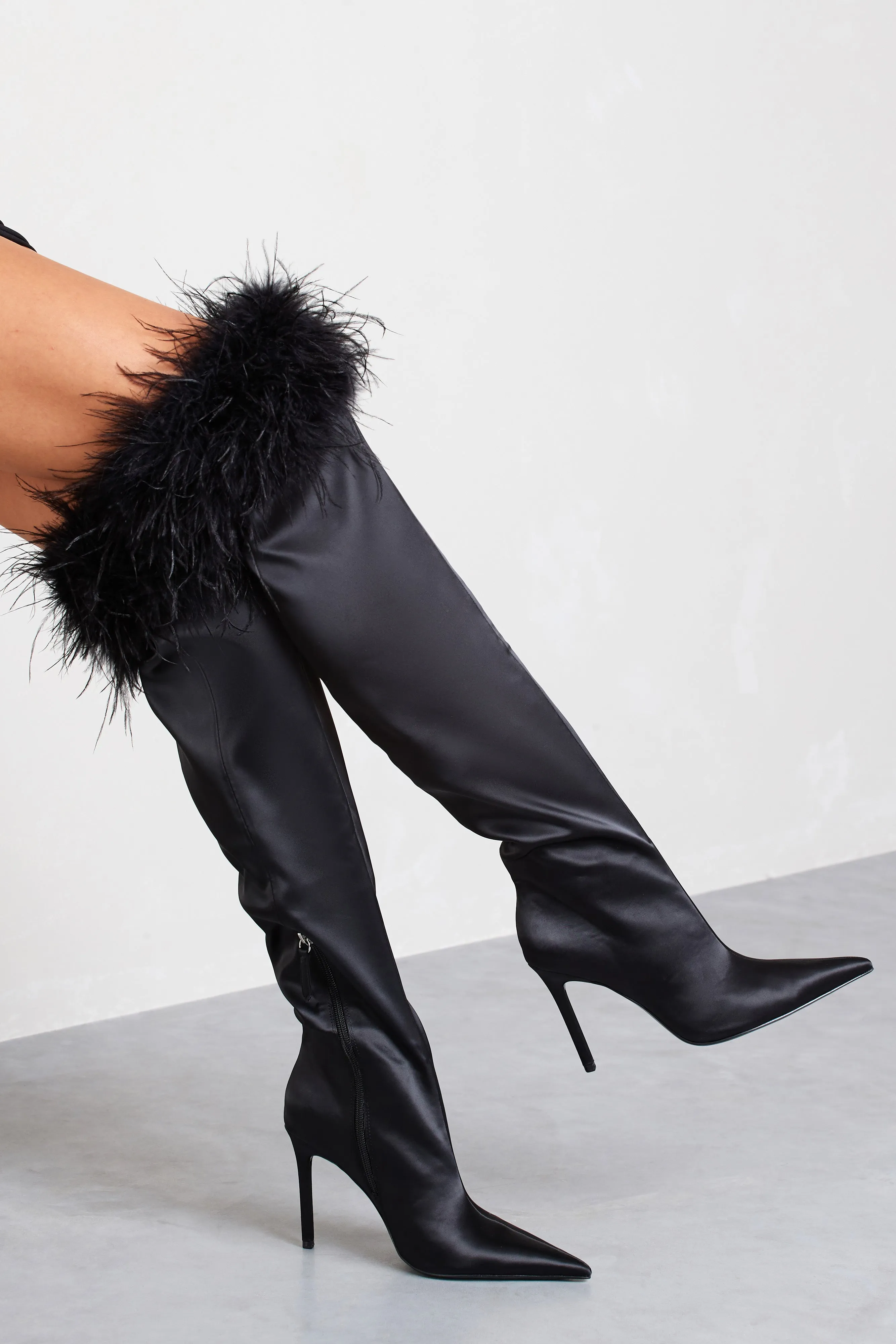 Soho | Black Satin Pointed Heeled Boots With Feather Trims