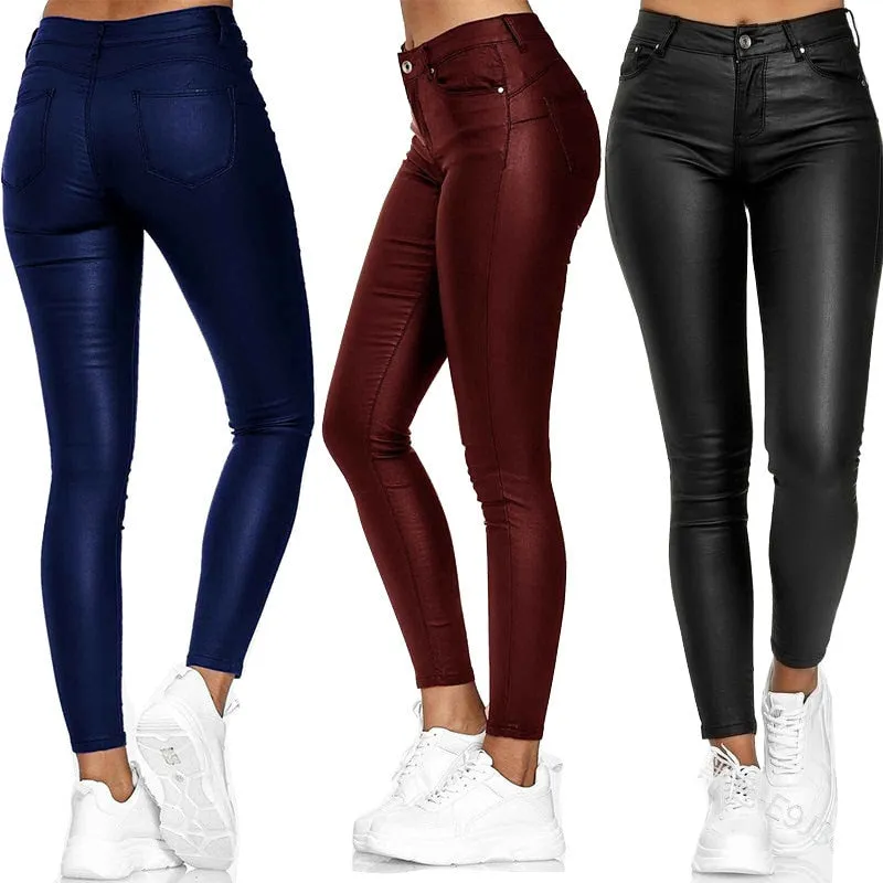 Solid PU Leather Pants Elastic Womens Leisure Trousers