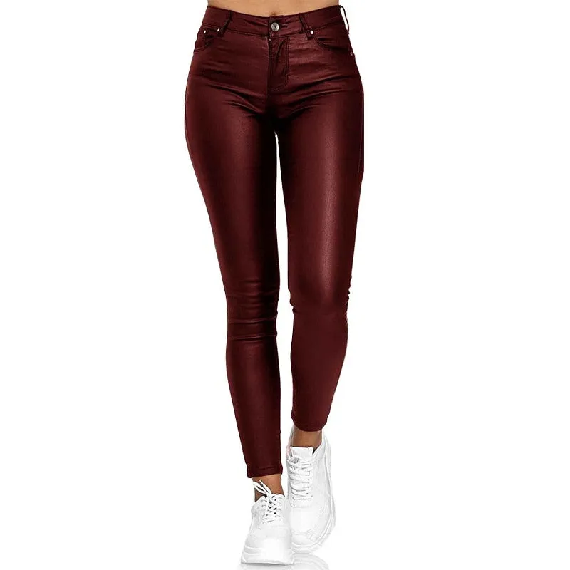 Solid PU Leather Pants Elastic Womens Leisure Trousers