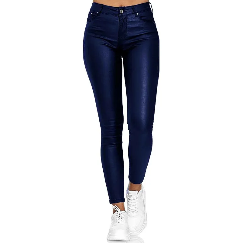 Solid PU Leather Pants Elastic Womens Leisure Trousers