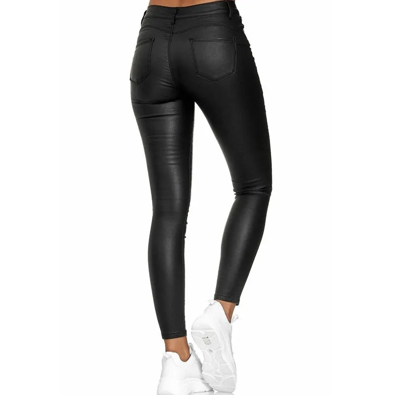 Solid PU Leather Pants Elastic Womens Leisure Trousers