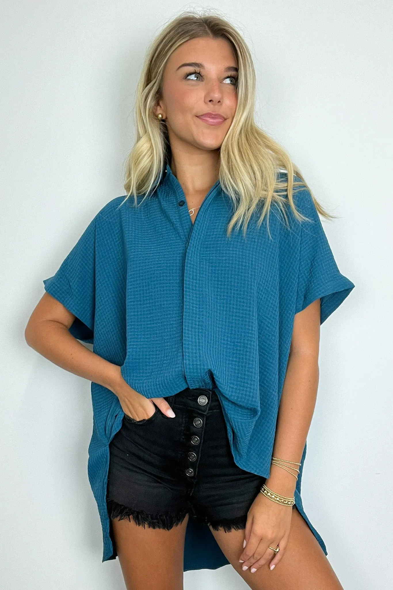 Soliene Textured Short Sleeve Button Down Top