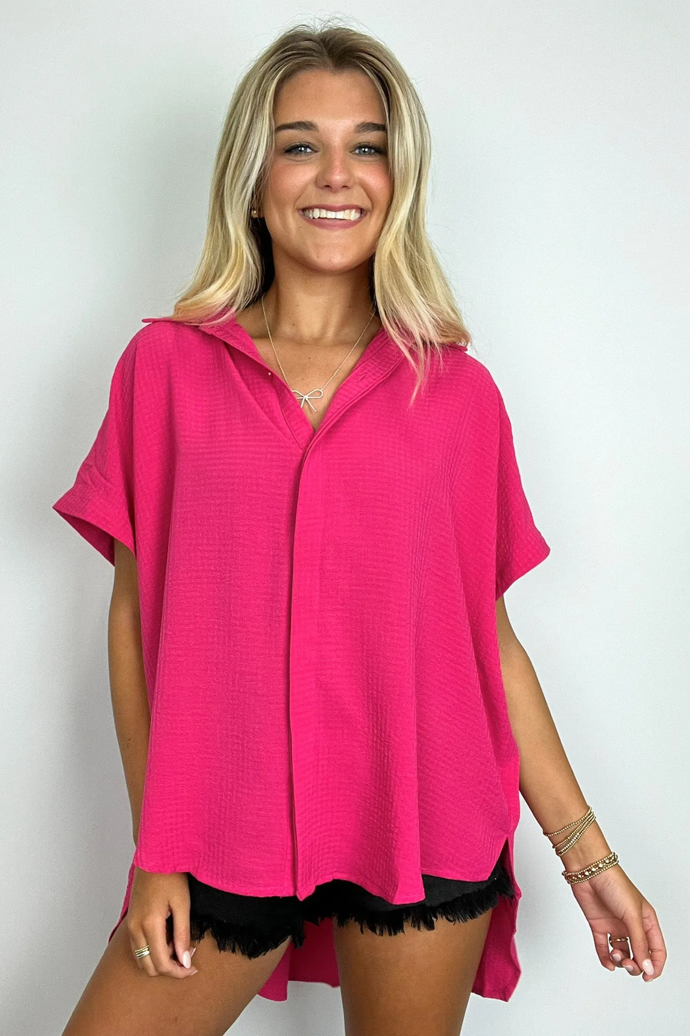 Soliene Textured Short Sleeve Button Down Top