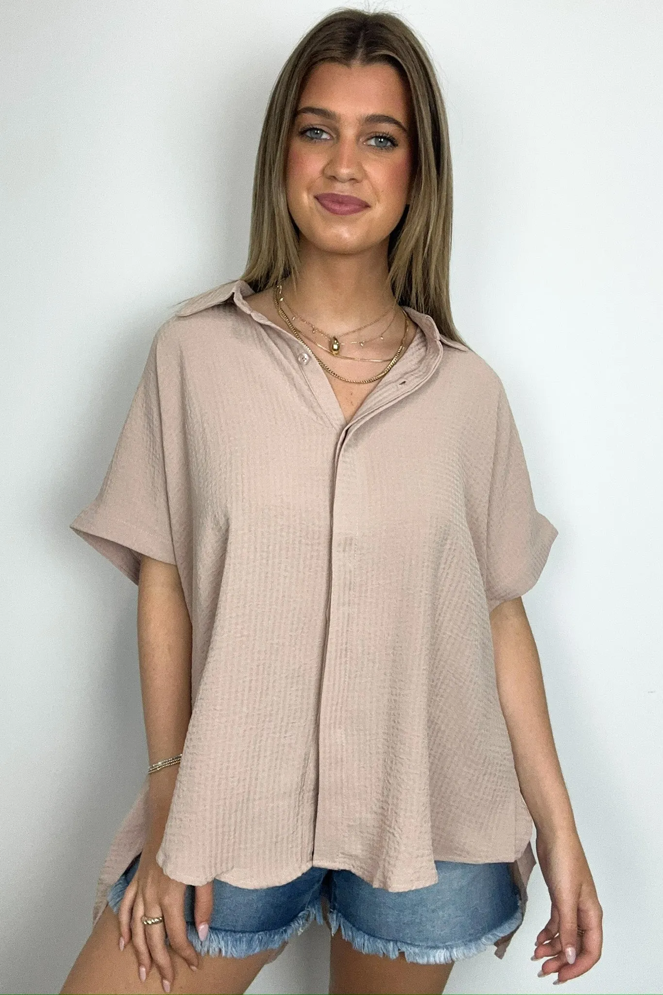 Soliene Textured Short Sleeve Button Down Top