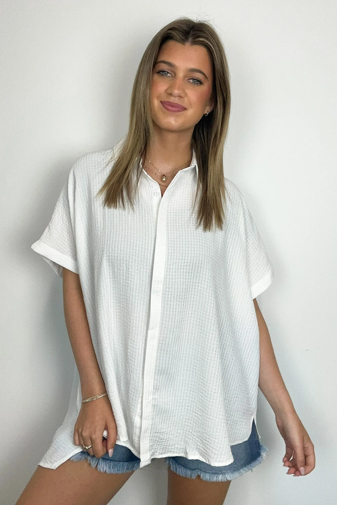 Soliene Textured Short Sleeve Button Down Top