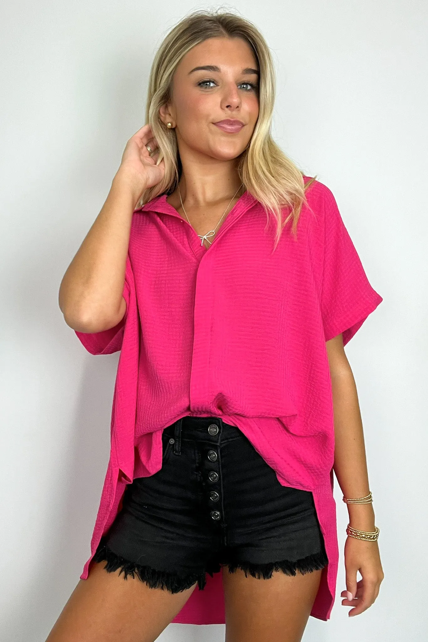 Soliene Textured Short Sleeve Button Down Top