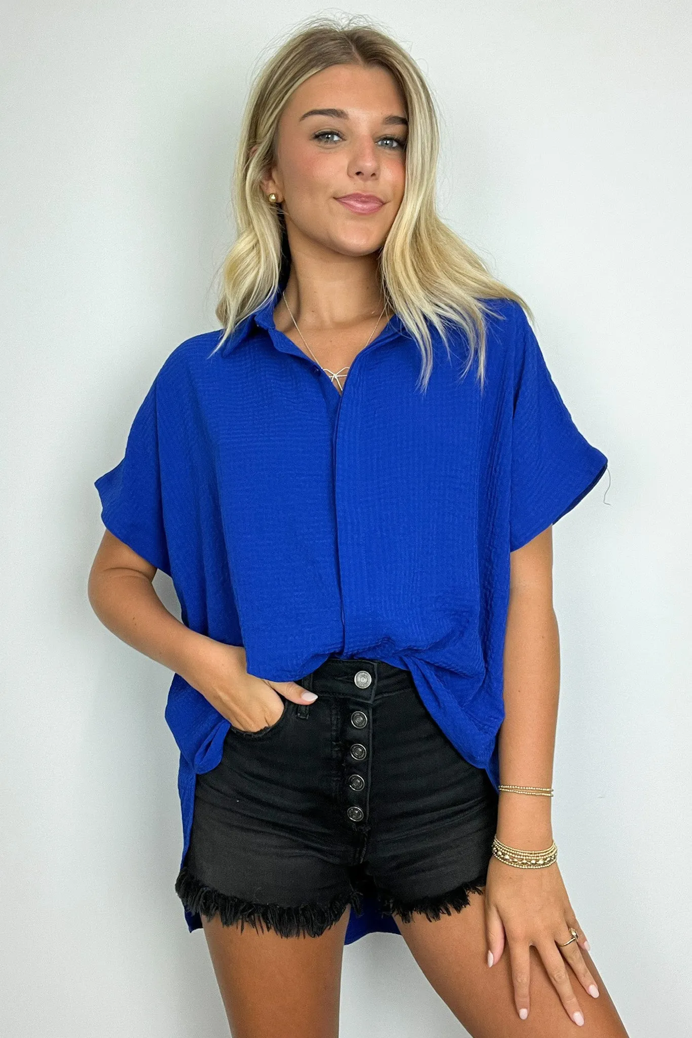 Soliene Textured Short Sleeve Button Down Top