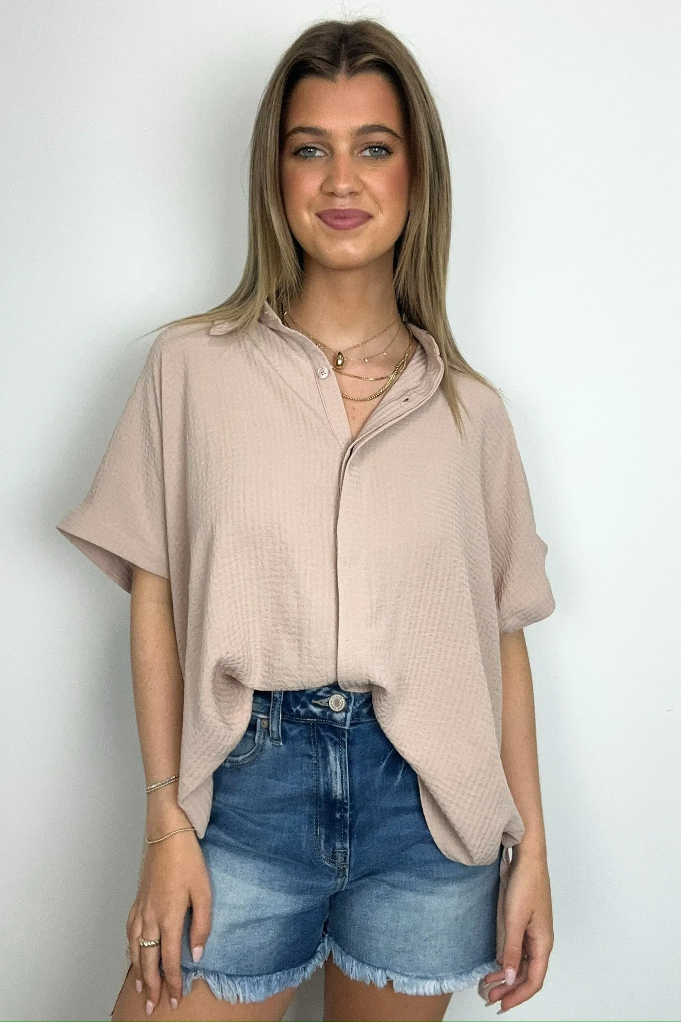 Soliene Textured Short Sleeve Button Down Top